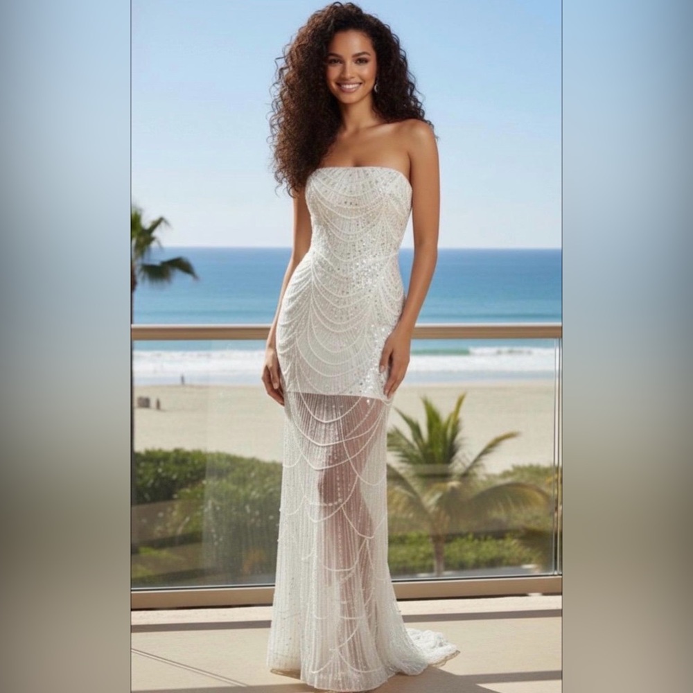 Strapless White Pearl, Sequin Bead Embellished Gown - NWT